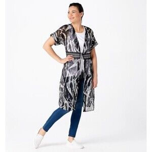 Dennis Basso Printed Chiffon Duster Top with Lace Detail in Black Size Medium